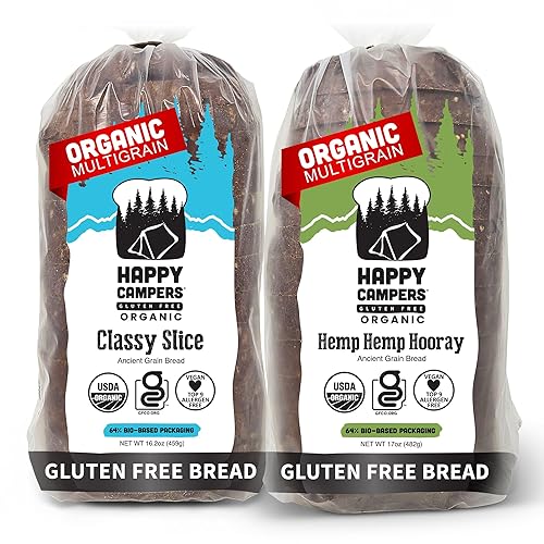 Happy Campers Variety Pack Gluten Free Bread, White Whole Grain and Hemp Multi-Seed, Non-GMO, Vegan, Organic, 16.2-17.4 Oz Loaves (Pack of 2)