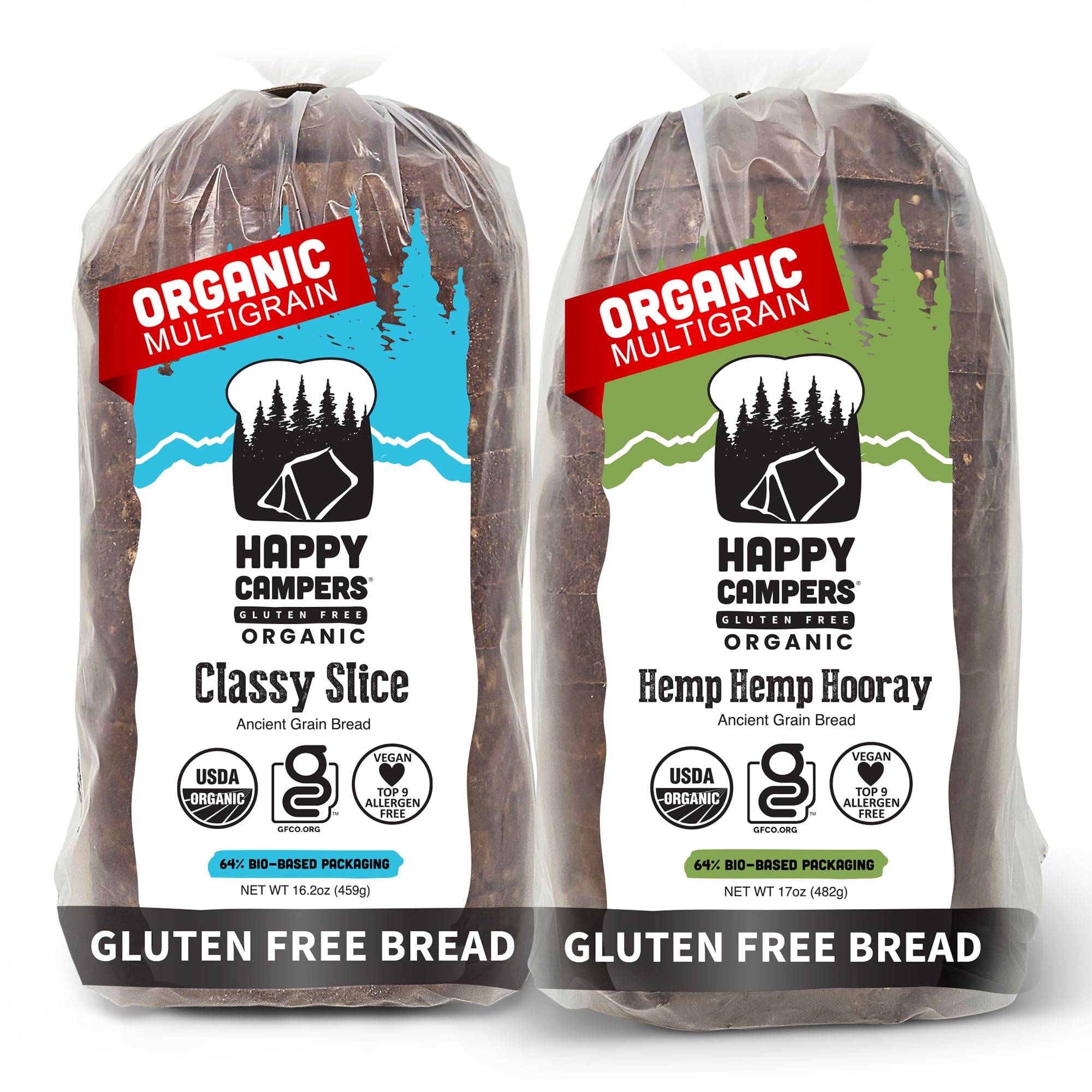 Happy Campers Variety Pack Gluten Free Bread, White Whole Grain and Hemp Multi-Seed, Non-GMO, Vegan, Organic, 16.2-17.4 Oz Loaves (Pack of 2)