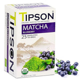 Tipson Organic Matcha Green Tea - Blueberry Flavor - 25 Foil Enveloped Double Chambered Bags - Keto/Paleo