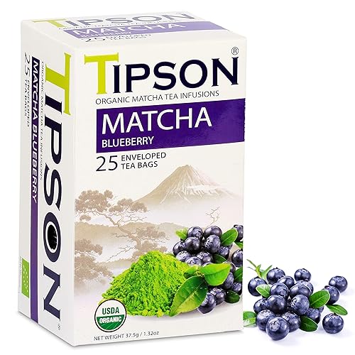 Tipson Organic Matcha Green Tea - Blueberry Flavor - 25 Foil Enveloped Double Chambered Bags - Keto/Paleo