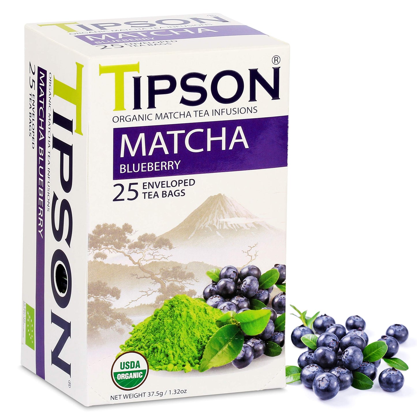 Tipson Organic Matcha Green Tea - Blueberry Flavor - 25 Foil Enveloped Double Chambered Bags - Keto/Paleo