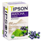 Tipson Organic Matcha Green Tea - Blueberry Flavor - 25 Foil Enveloped Double Chambered Bags - Keto/Paleo