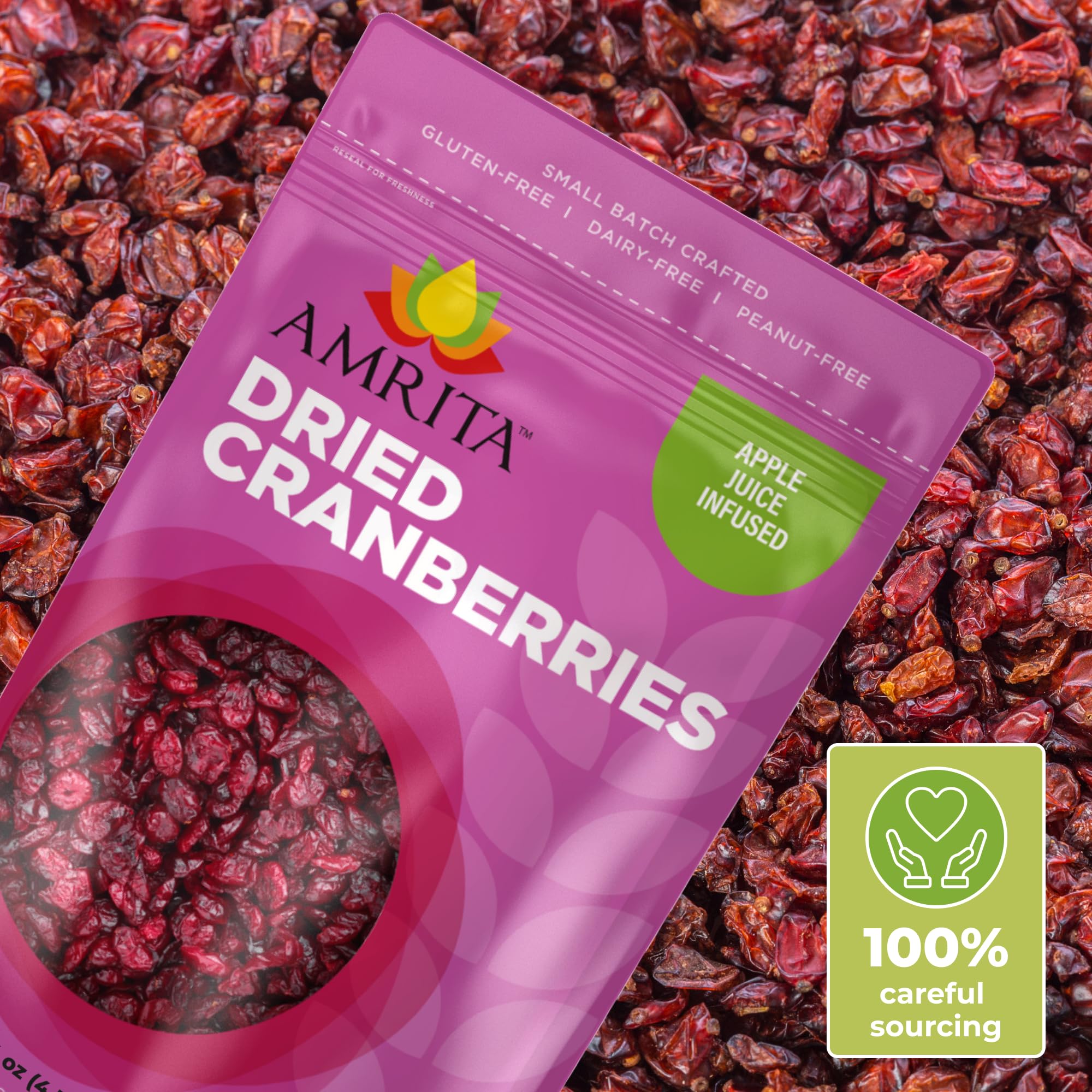 Amrita Dried Cranberries 1 lb | Sweetened with Apple Juice, Unsulfured, Gluten Free, non-GMO, No Preservatives | Packed Fresh in Resealable Bags |