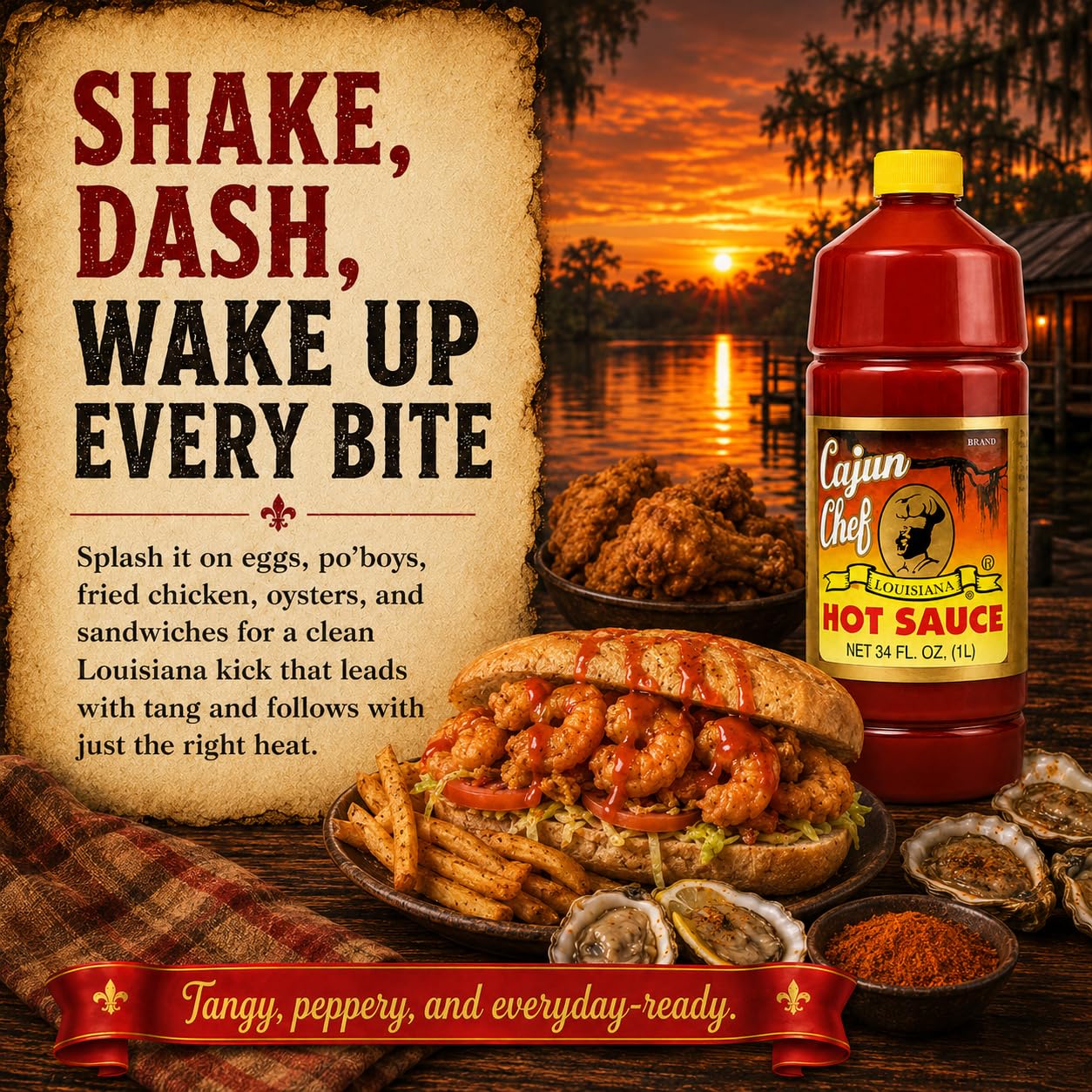 Cajun Chef Hot Sauce 34 oz, Louisiana Cajun Cayenne Pepper Sauce, Mild Heat Hot Sauce for Gumbo, Seafood, Soups, Wings, Pizza, BBQ, Fried Foods