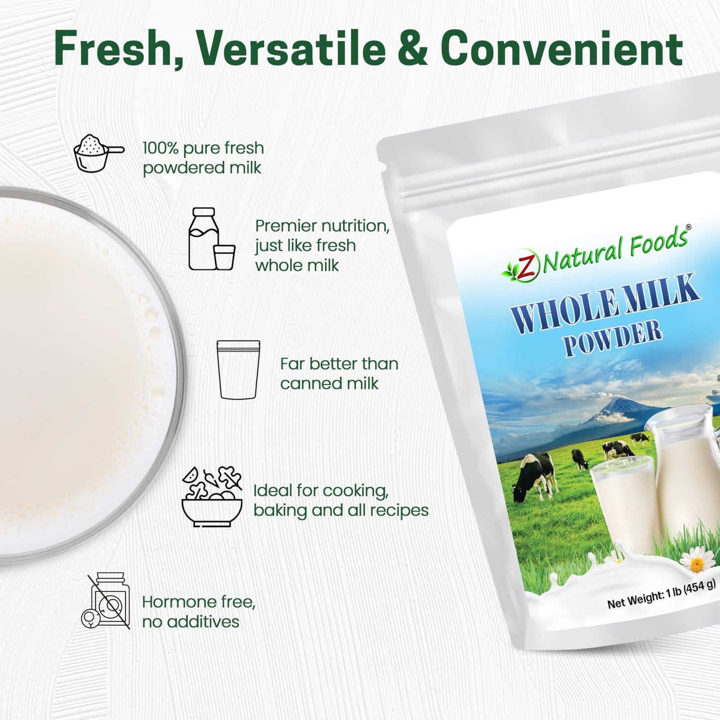 Z Natural Foods Premium Whole Milk Powder - Powdered Milk for Baking, Cooking, Drinks - Dry Milk Powder, Pasteurized, Non-GMO, Gluten-Free, Kosher-Certified, 1 lb