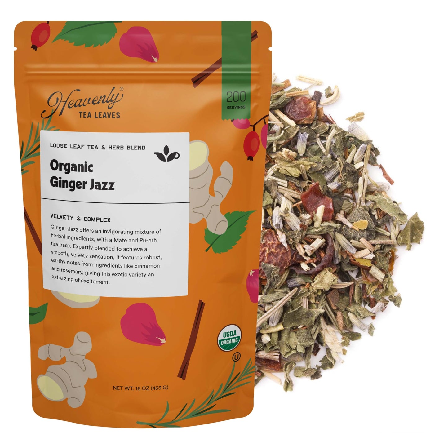 Heavenly Tea Leaves Organic Ginger Jazz, Bulk Loose Leaf Tea and Herb Blend, 1 Lb. (Approx. 200 Servings) - Delicious Hot or Iced, Blend of Licorice