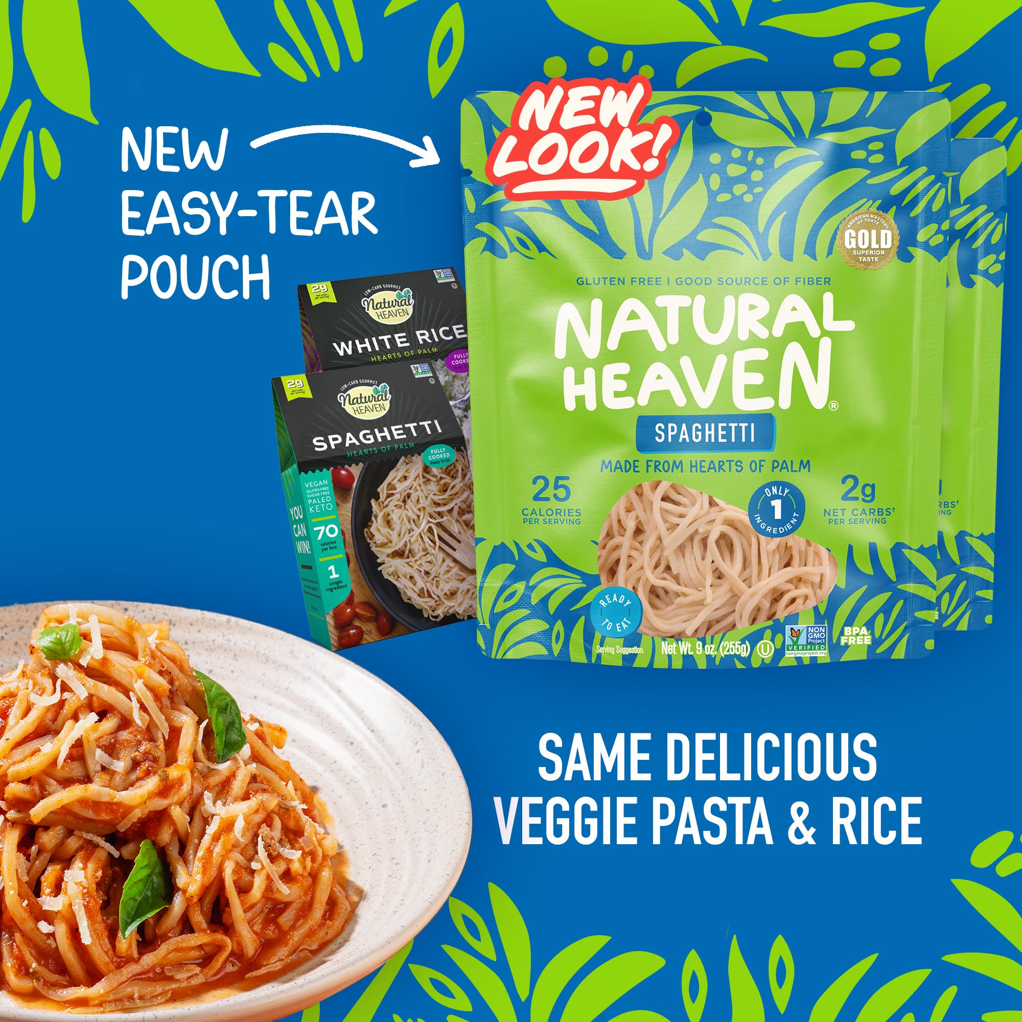 Natural Heaven Hearts of Palm Spaghetti 3-Pack + White Rice 3-Pack - Low-Calorie, Keto & Gluten-Free Food, Vegan, 9 Oz Ea