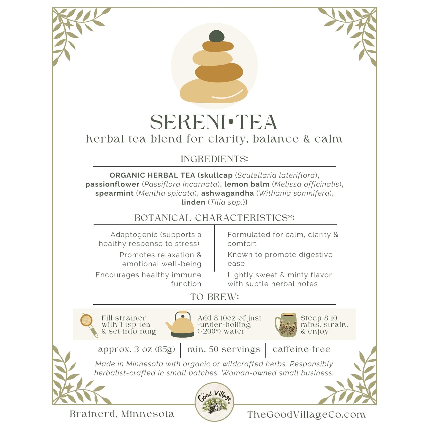 The Good Village Co. Sereni•Tea Loose Leaf Herbal Tea, Caffeine Free Botanical Blend with Skullcap, Passionflower, Lemon Balm, Spearmint, Ashwagandha