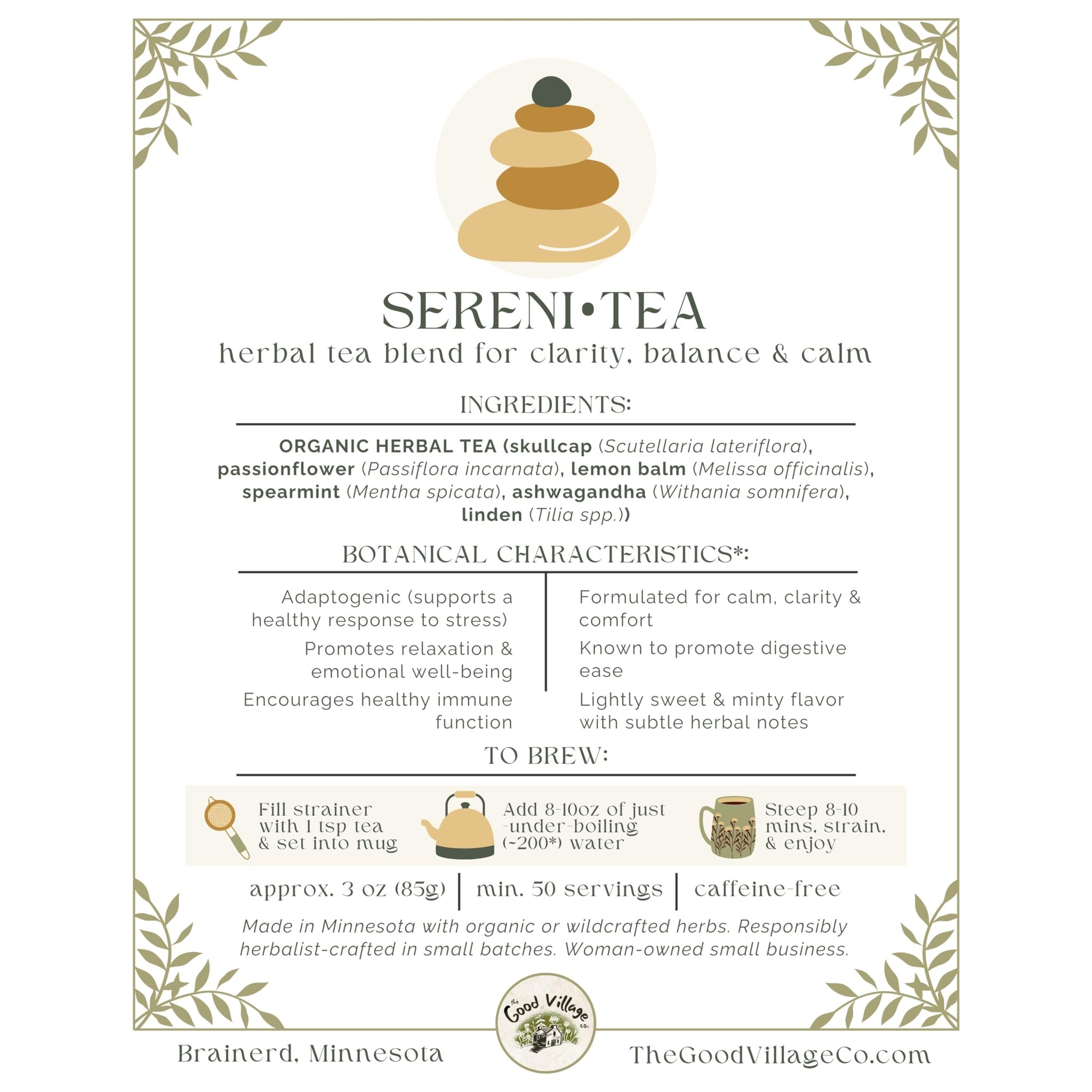 The Good Village Co. Sereni•Tea Loose Leaf Herbal Tea, Caffeine Free Botanical Blend with Skullcap, Passionflower, Lemon Balm, Spearmint, Ashwagandha