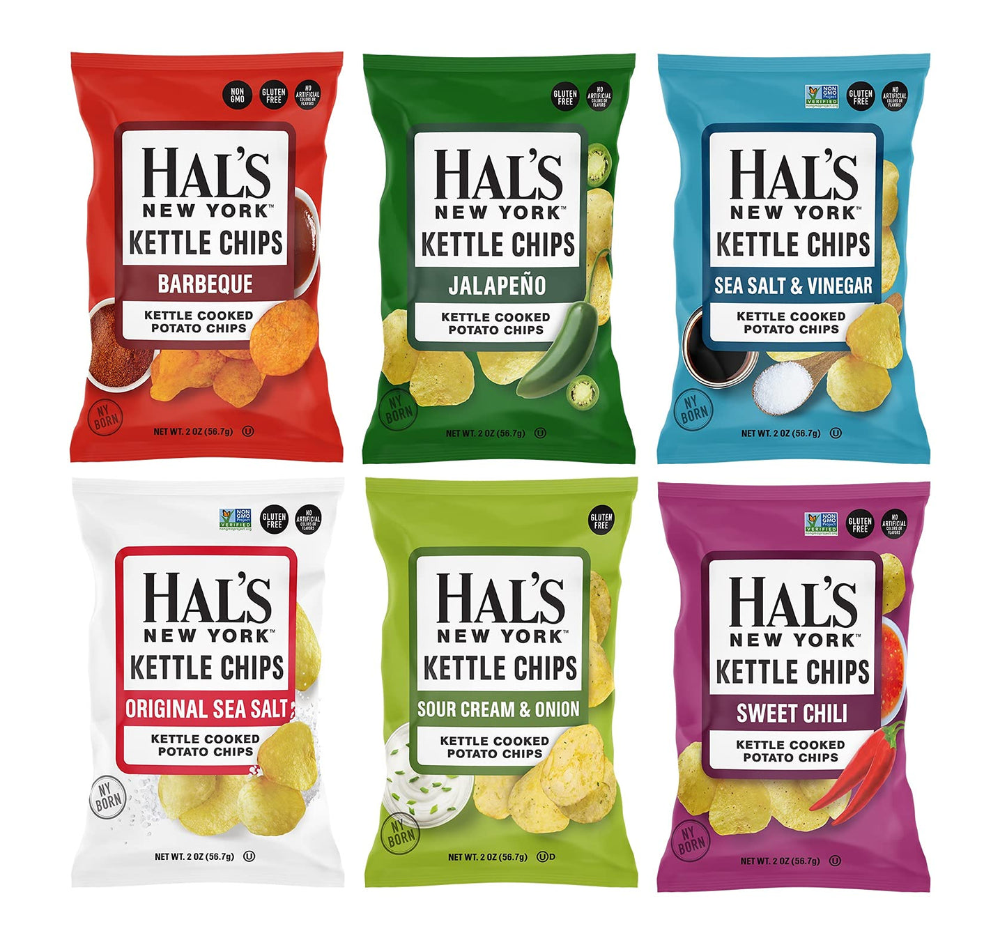 Hal's New York Kettle Cooked Potato Chips, Variety Pack, 6 Flavors, 2 Oz (Pack of 24)
