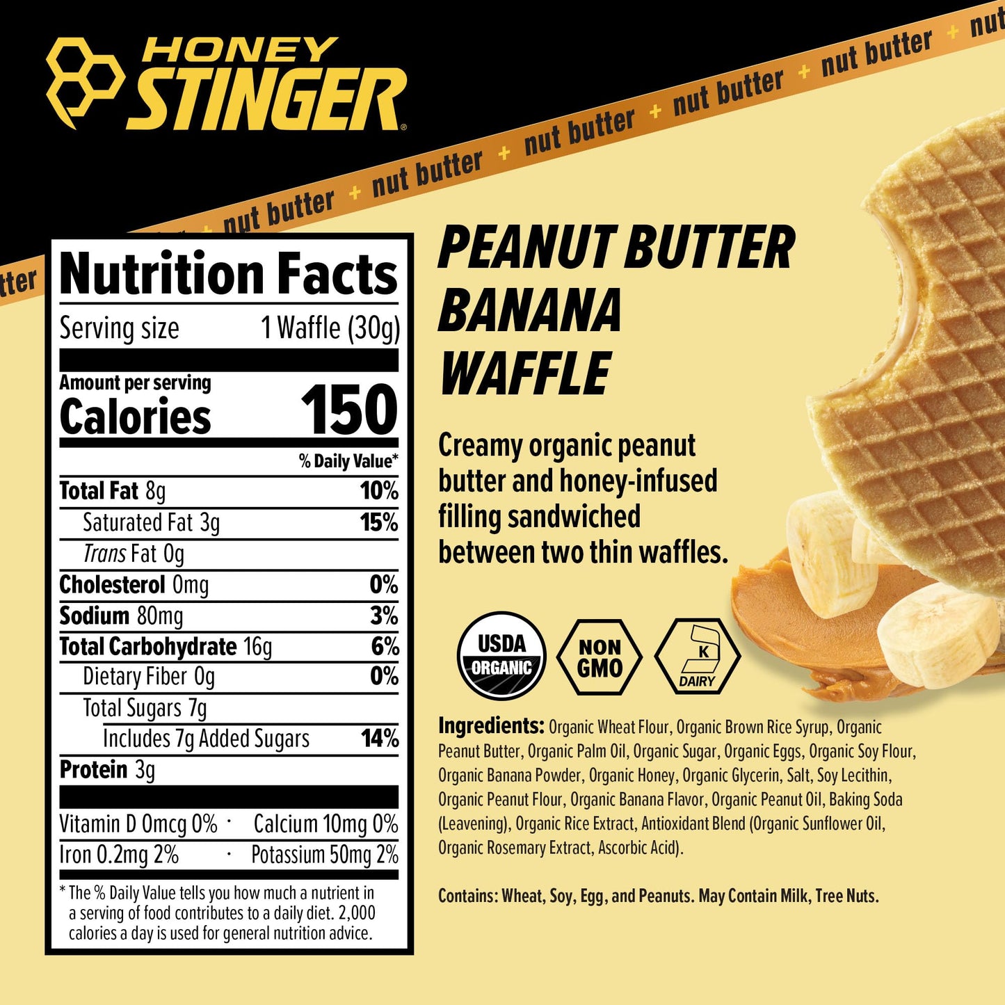 Honey Stinger Organic Peanut Butter Banana Waffle, Energy Stroopwafel for Exercise, Endurance & Performance, Sports Nutrition for Home & Gym, Pre