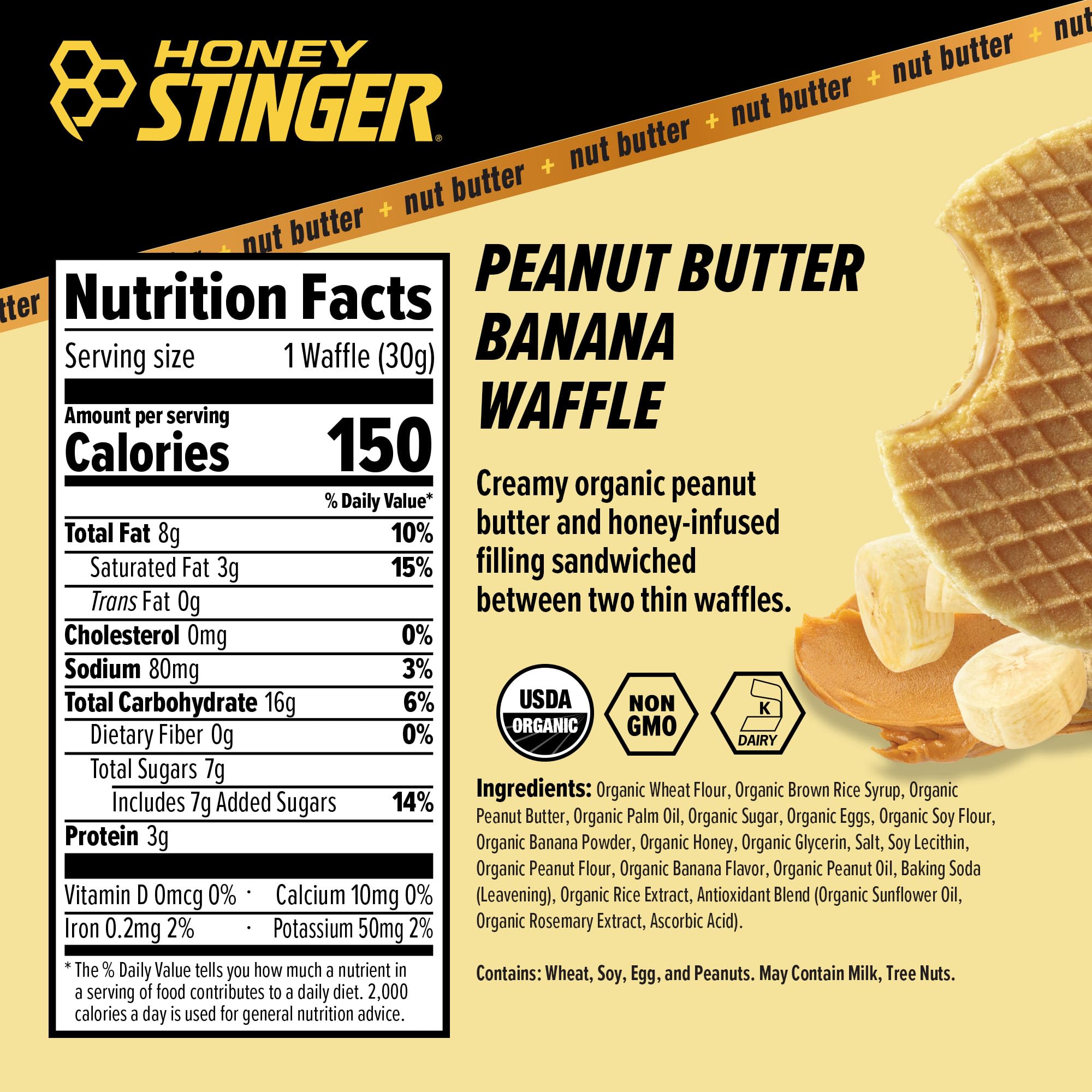 Honey Stinger Organic Peanut Butter Banana Waffle, Energy Stroopwafel for Exercise, Endurance & Performance, Sports Nutrition for Home & Gym, Pre