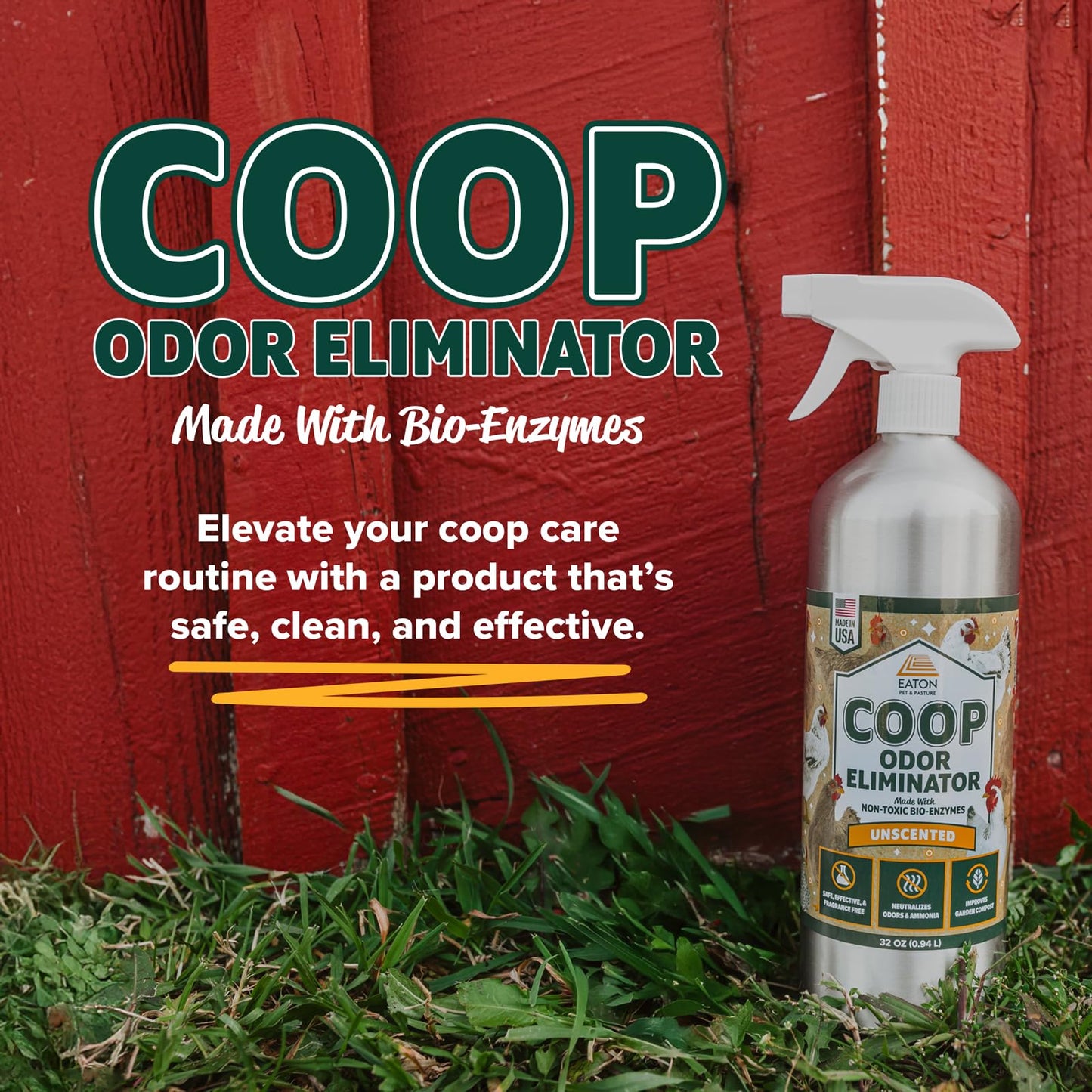 Eaton Pet and Pasture Coop Odor Eliminator Spray- All-Natural, Unscented Enzyme-Based Formula for Poultry | Neutralizes Ammonia, Supports Composting |