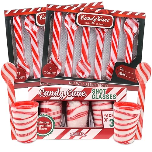 Sweetzo Christmas Edible Candy Cane Stirring Spoons and Shot Glasses, Red and White Peppermint Flavored Utensils - 24 Spoons (3 Glasses)