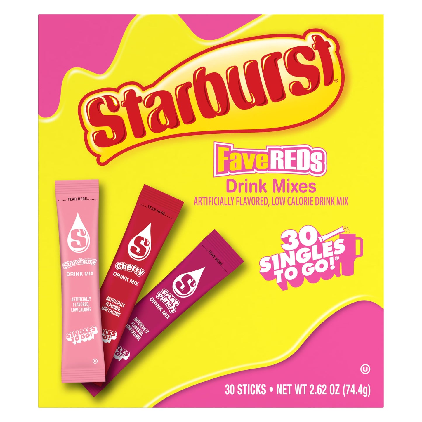 SINGLES TO GO! Starburst Variety Pack, Watertok Powdered Drink Mix, Includes 3 Flavors, Strawberry, Cherry And Fruit Punch 1 Box (30 Servings)