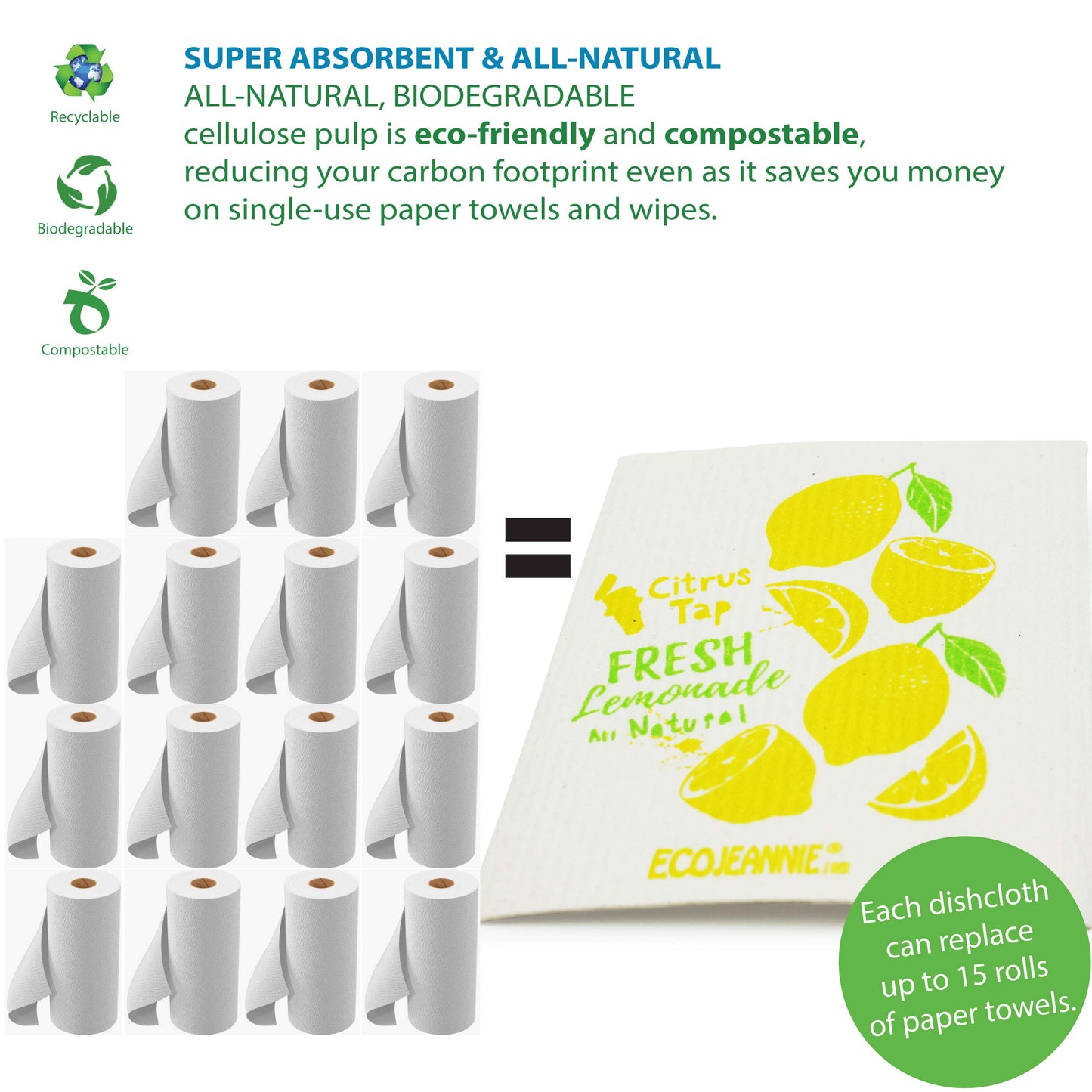 EcoJeannie (10 Pack) Eco-Friendly Reusable German Cleaning Cloth 100% Biodegradable Cellulose Sponge Cloths, Kitchen Cloths, GMO-Free, Reusable - Made