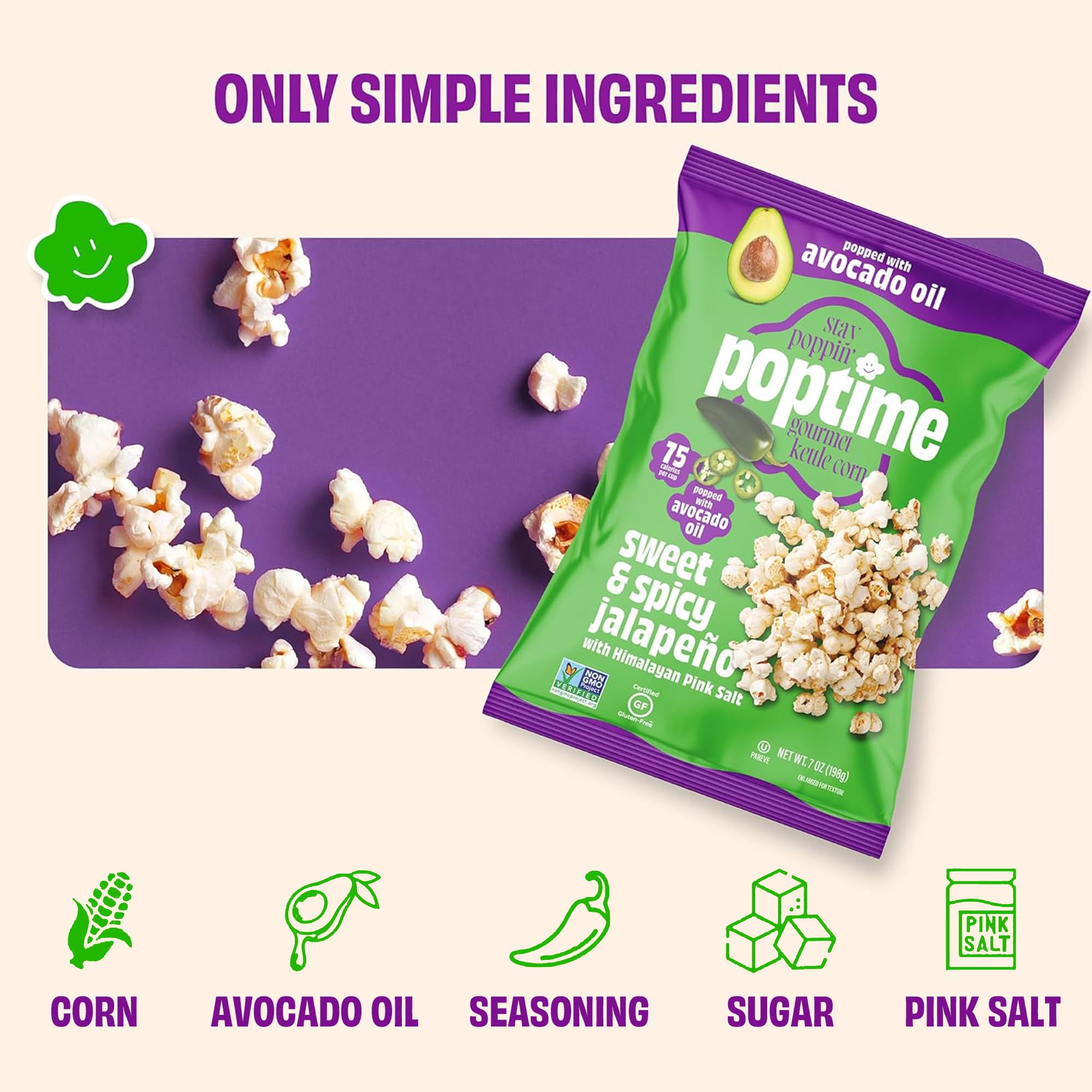 Poptime Sweet & Spicy Jalapeño Kettle Cooked Popcorn, 7 oz Snack Bags, Kettle Corn with Avocado Oil & Himalayan Pink Salt, Low Calorie Healthy Snack