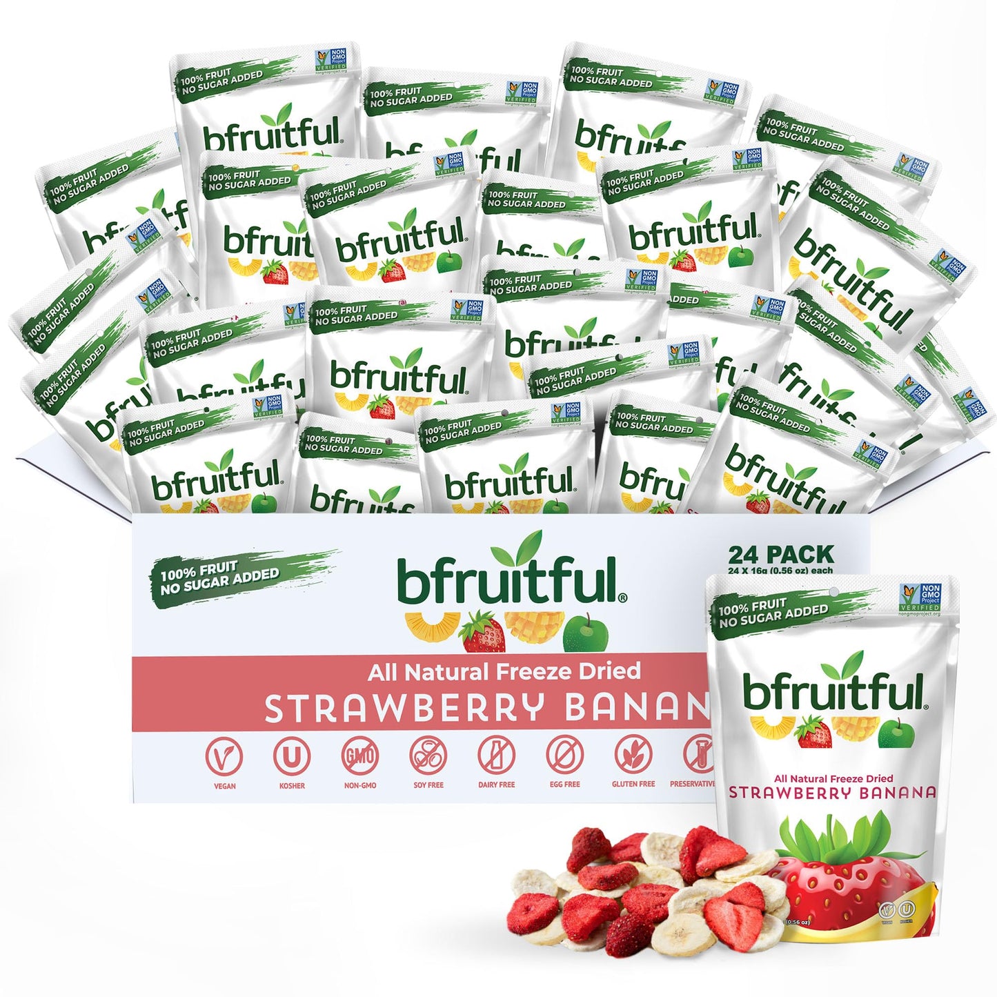 bfruitful Freeze-Dried Strawberry Banana, Freeze Dried Fruit Mix for Kids or Adults, Fresh Fruit Bites, No Sugar Added & Vegan, Kosher, Non GMO, 0.56