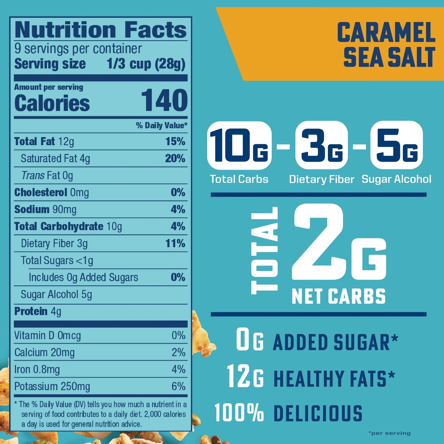 B. Fine Foods Keto Granola High Protein Snack Caramel Sea Salt - Breakfast Blend of Coconut, Seeds & Nuts - 2g Net Carbs, Gluten & Grain-Free, Kosher