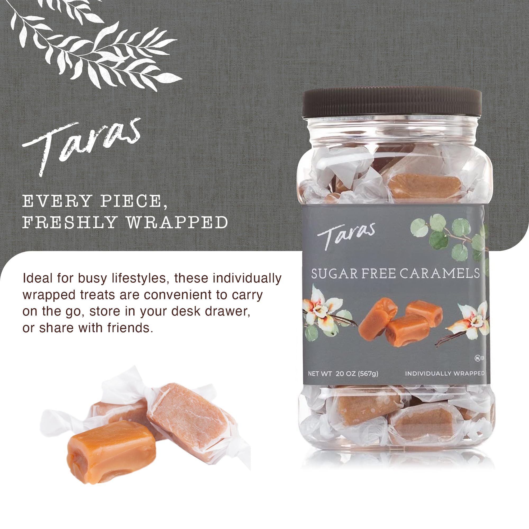 Taras Gourmet Sugar Free Caramels | All Natural Candy | Creamy & Individually Wrapped with Real Butter (20 oz)