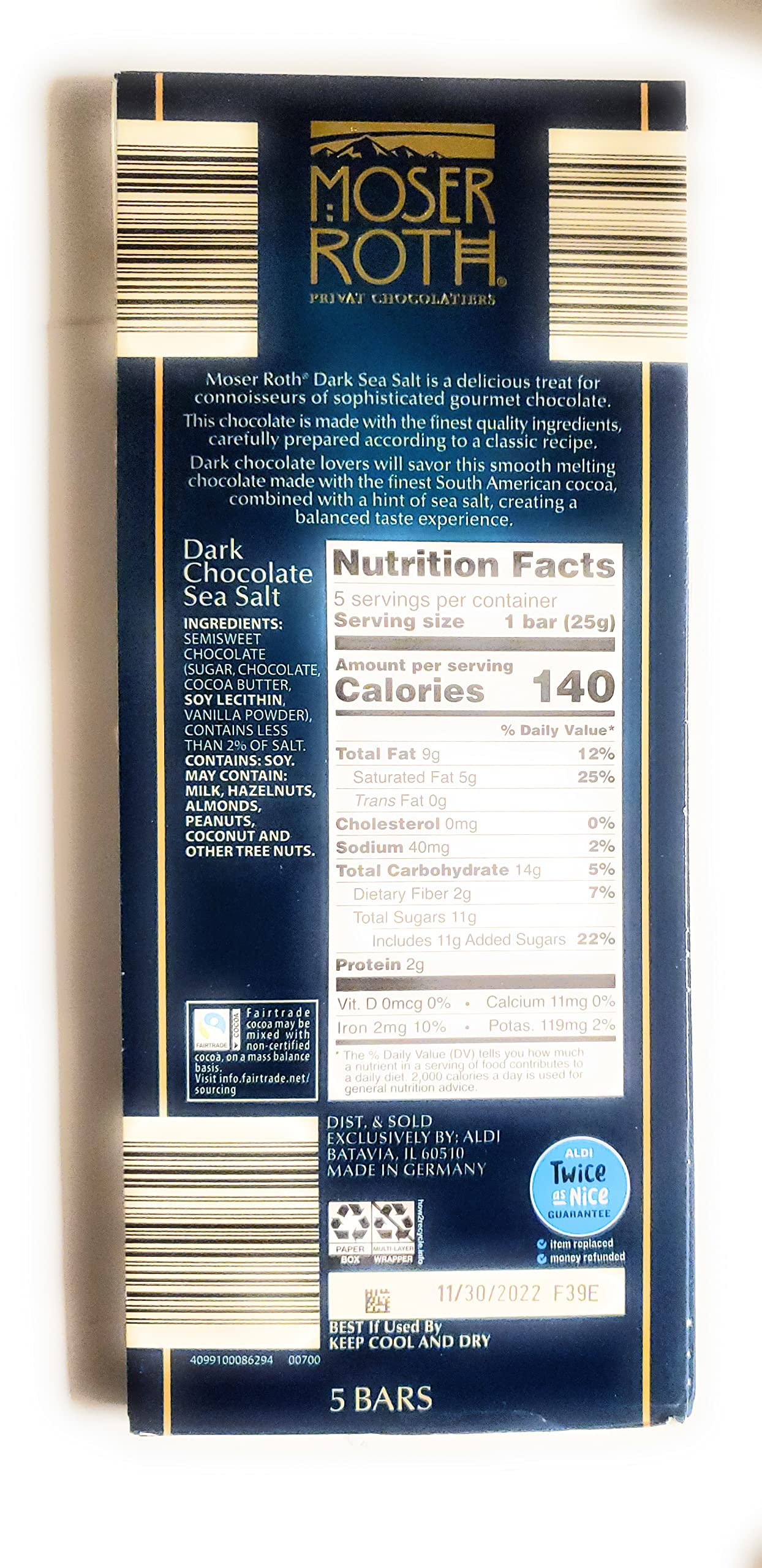 Moser Roth Dark Chocolate/Sea Salt Chocolate Bars, (6) Pack, Germany