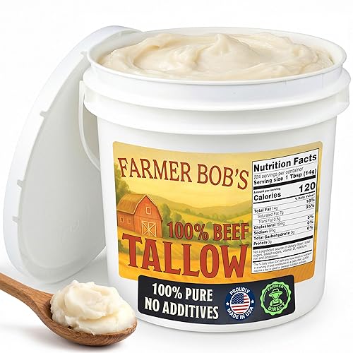Farmer Bob's Beef Tallow for Cooking 7 lb Bucket - Pure Rendered Beef Fat - 400°F Smoke Point - Deep Frying, Grilling, Soap Making - Keto-Friendly
