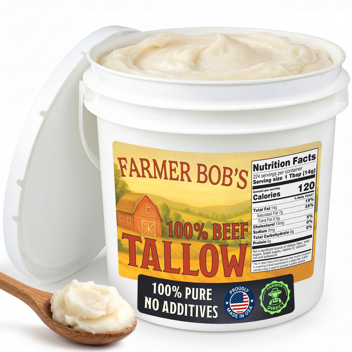 Farmer Bob's Beef Tallow for Cooking 7 lb Bucket - Pure Rendered Beef Fat - 400°F Smoke Point - Deep Frying, Grilling, Soap Making - Keto-Friendly