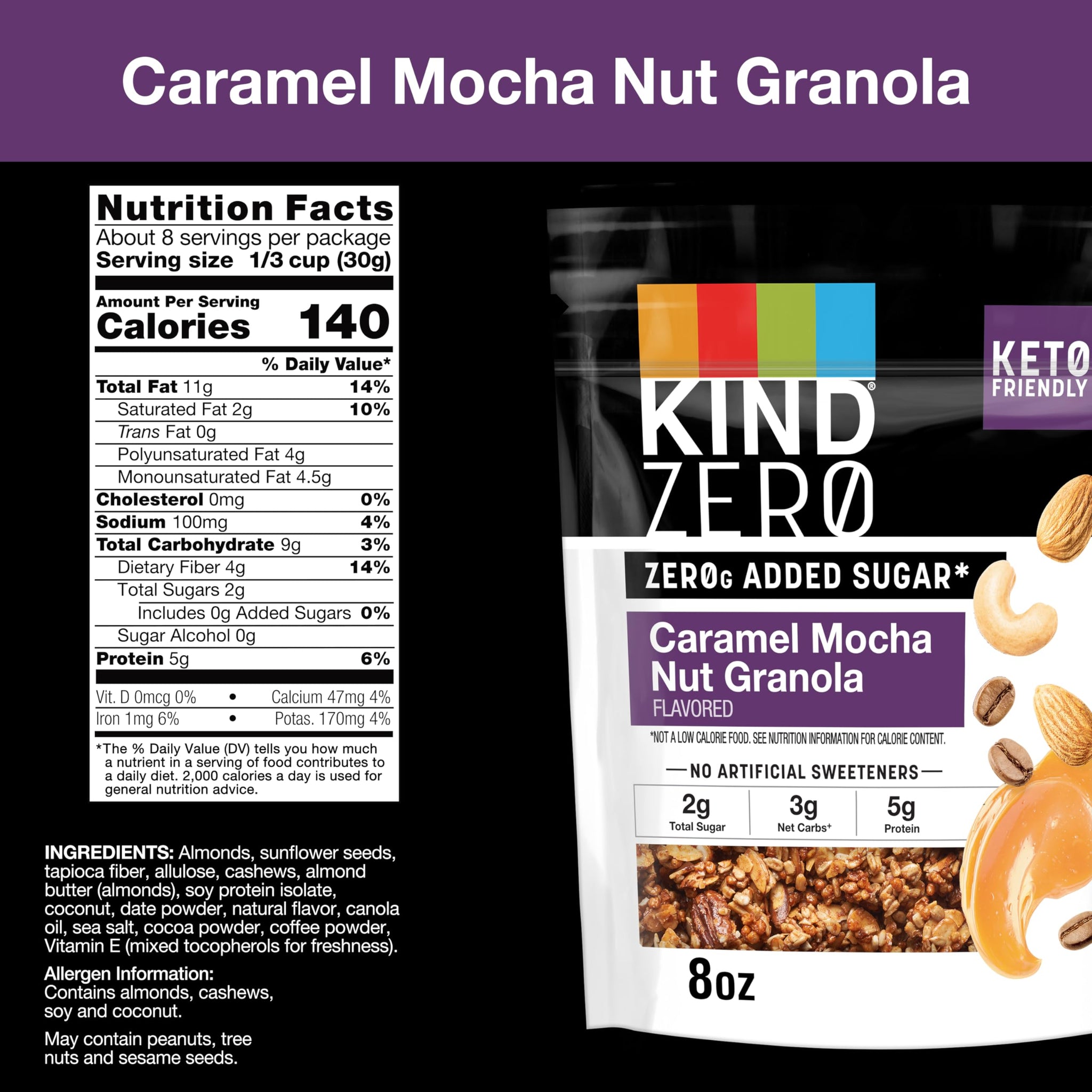 KIND Zero Added Sugar Granola, Caramel Mocha Nut, Gluten Free, Low Sugar, Keto Snacks, 5g Protein, 8oz, 1 Count
