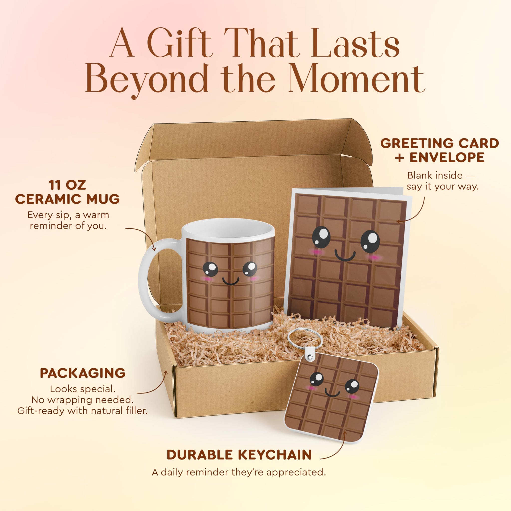 3dRose Kawaii Chocolate Bar Gift Set with Mug, Coaster, Card, and Keychain - Cute Present for Friends and Chocolate Lovers
