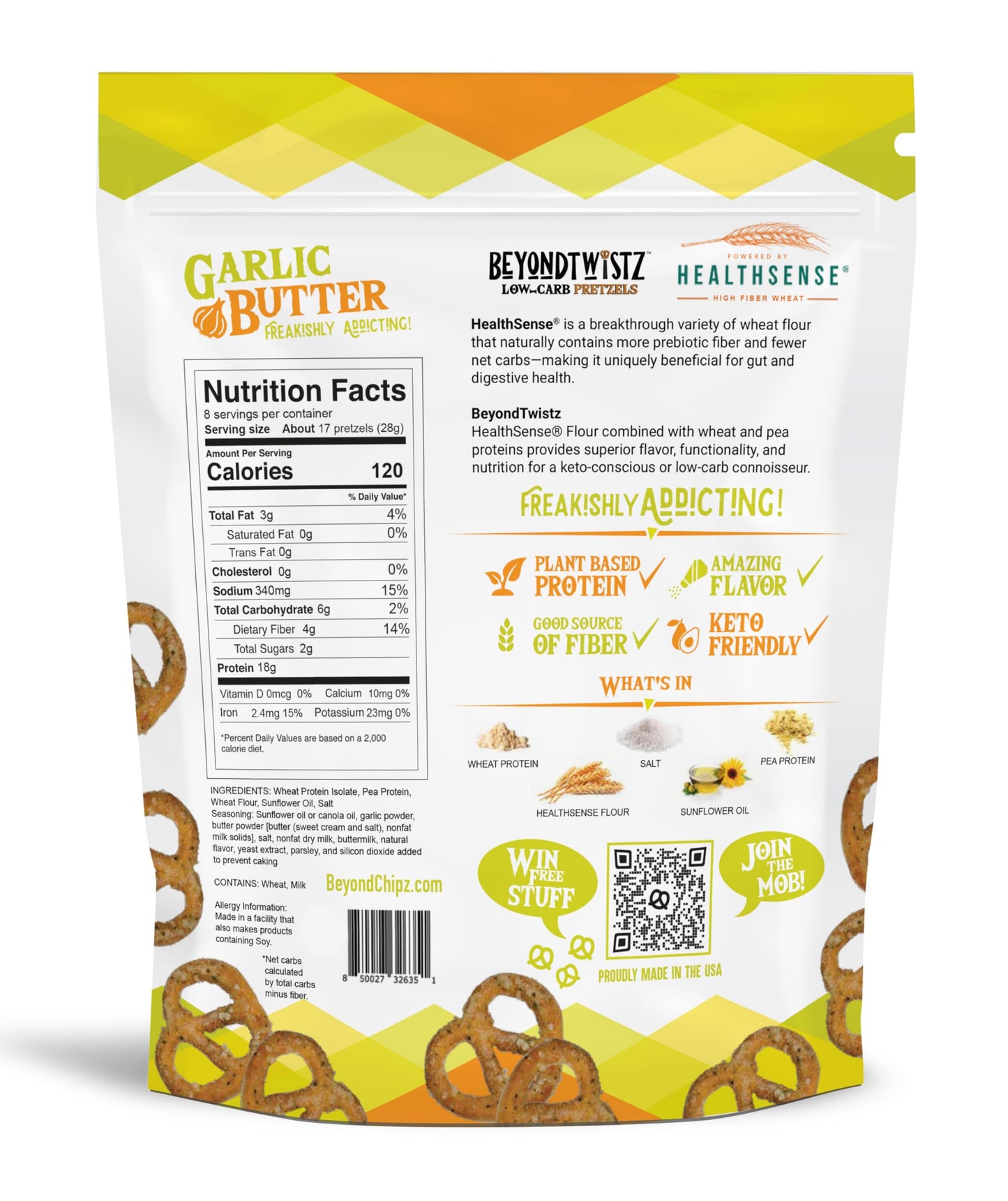 BeyondTwistz Low Carb Pretzels, Garlic Butter, Keto Friendly, 2g Net Carbs, 18g Protein, Powered By HealthSense® High Fiber Wheat Flour, Family Size
