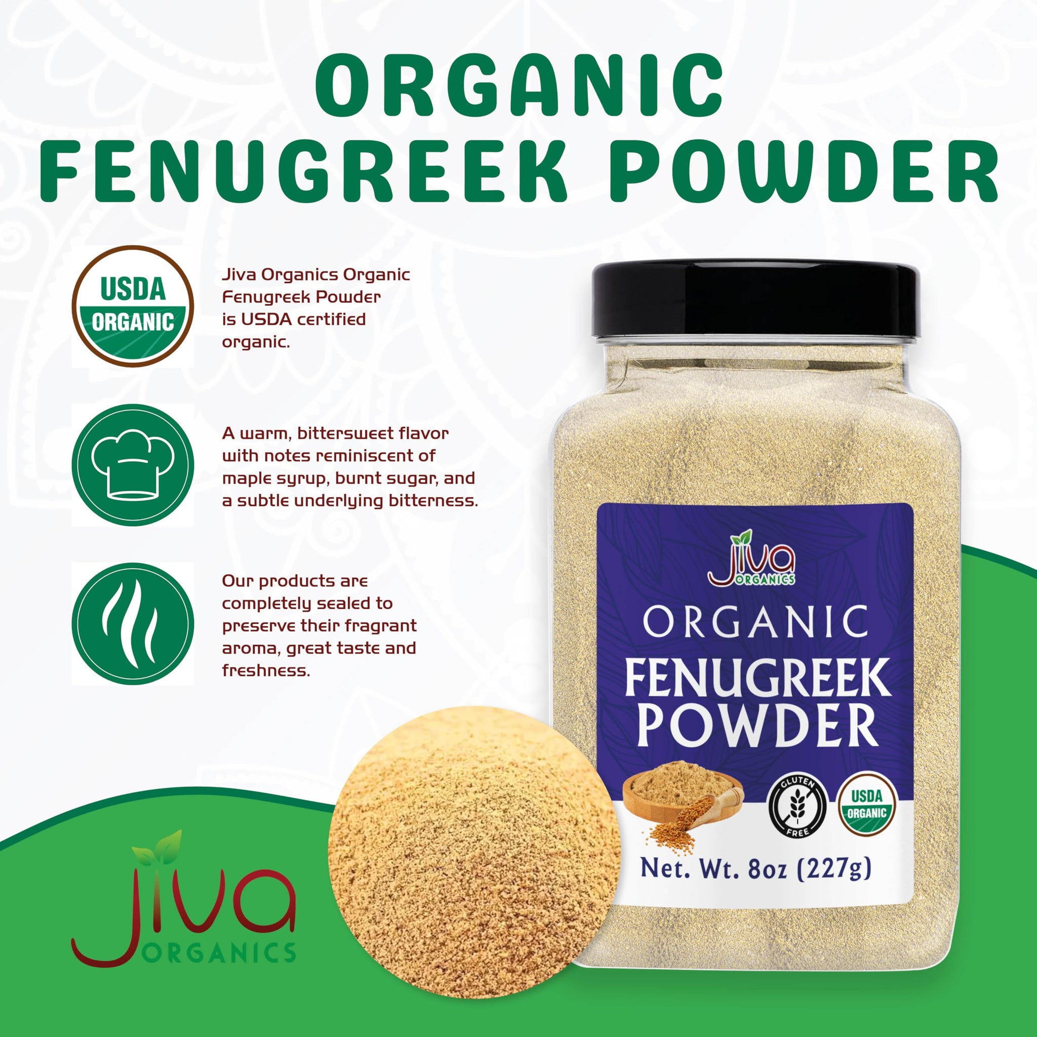 Organic Fenugreek Powder 8oz Jar - Gluten Free, Non-GMO, Methi Powder, Pure, Raw & Natural - Great As A Spice Or Even For Hair Growth by Jiva Organics
