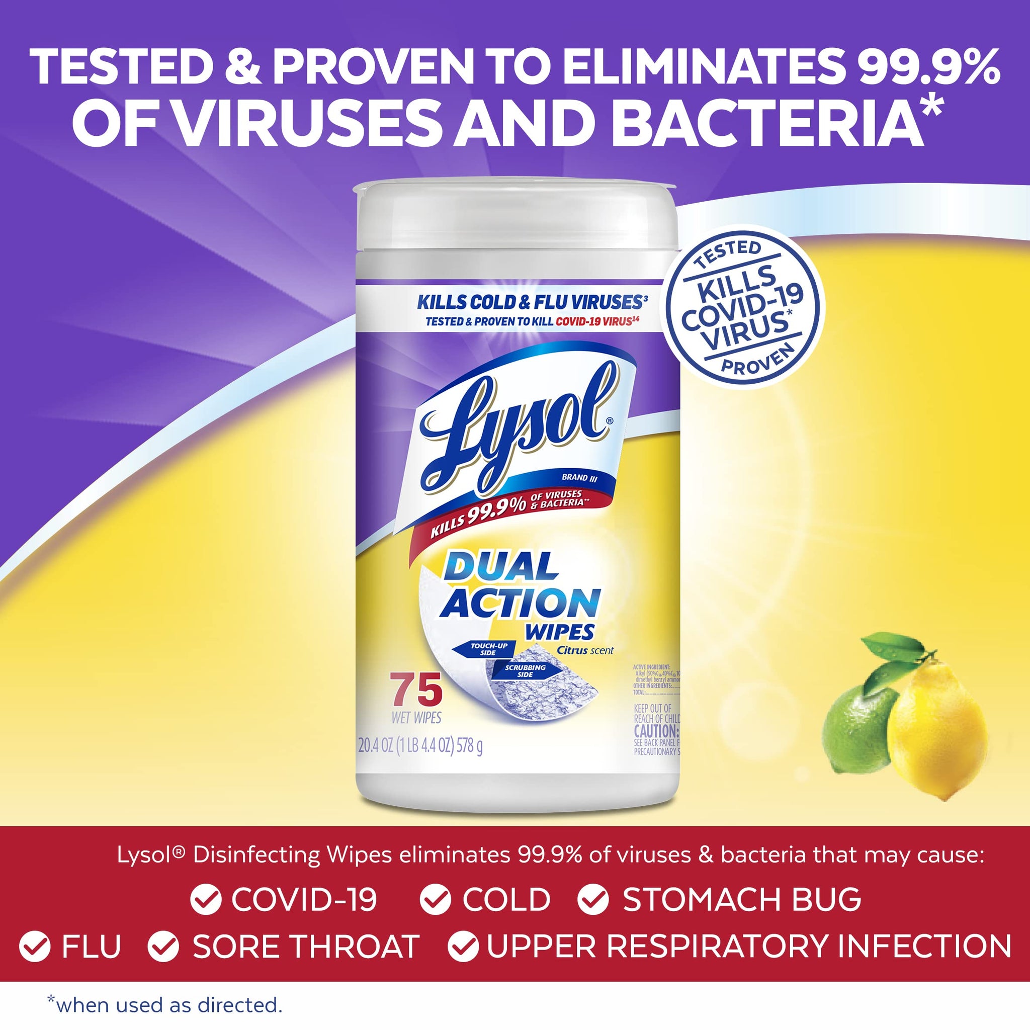 Lysol Dual Action Disinfecting Wipes, Citrus, 75 Count (Pack of 20)