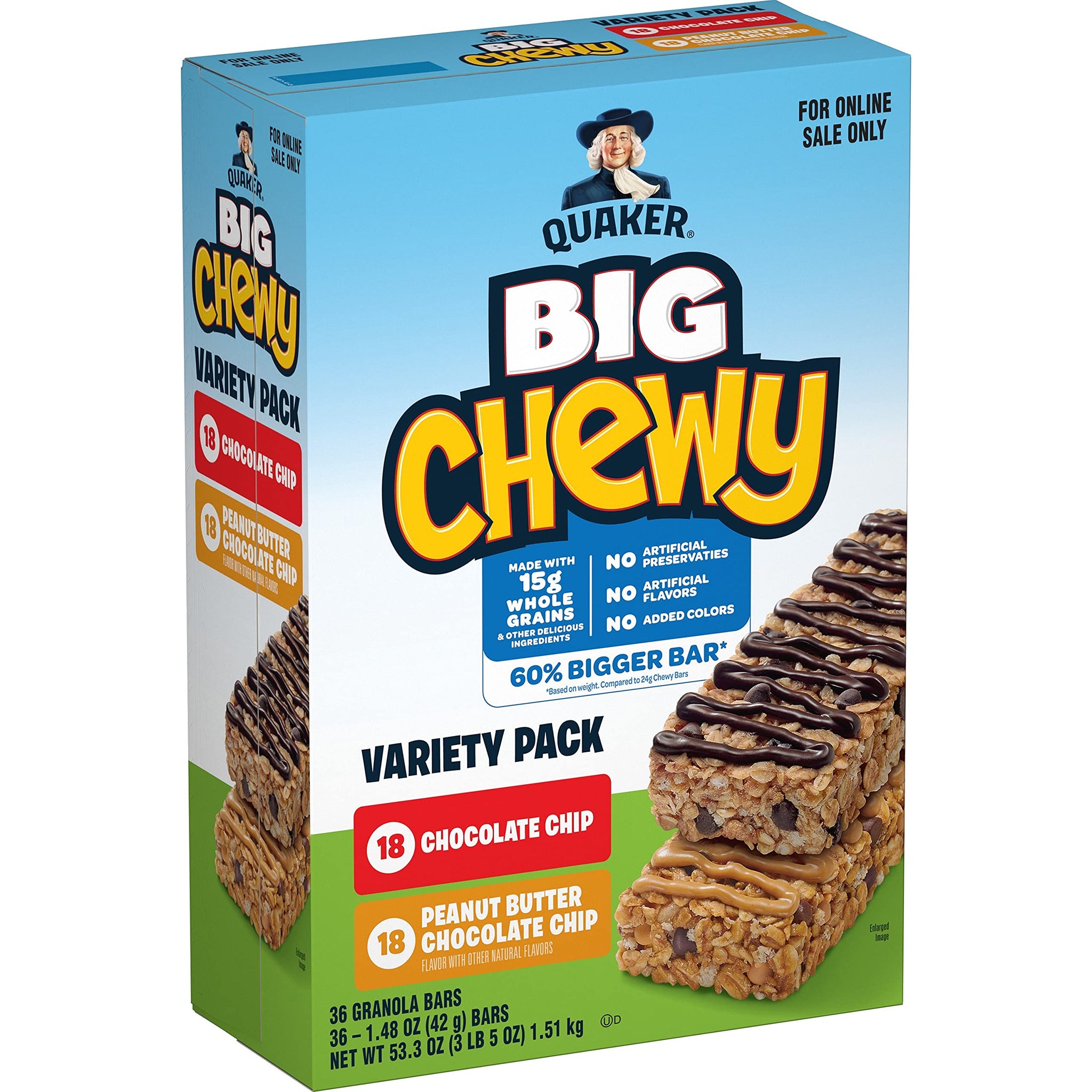 Quaker Big Chewy Granola Bars, 60% Larger, 2 Flavor Variety Pack, 36 Count (Pack of 1)