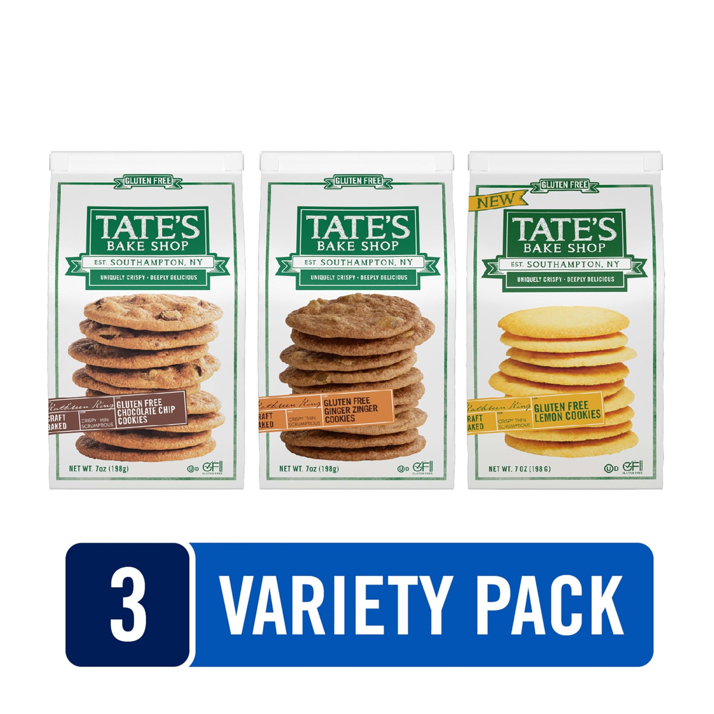 Tate's Bake Shop Gluten Free Cookies Variety Pack, Lemon, Ginger Zinger and Chocolate Chip Cookies, 3-7 oz Bags