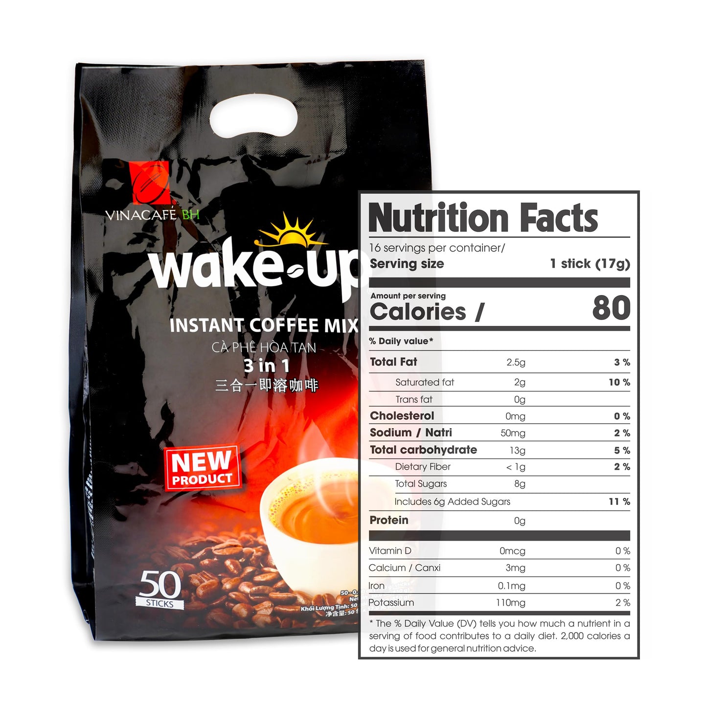 Vinacafe Premium 100 Sticks 3 in 1 Wake-Up Coffee Mix, 100 Coffee Sticks Single Serves 2 Pack of 50