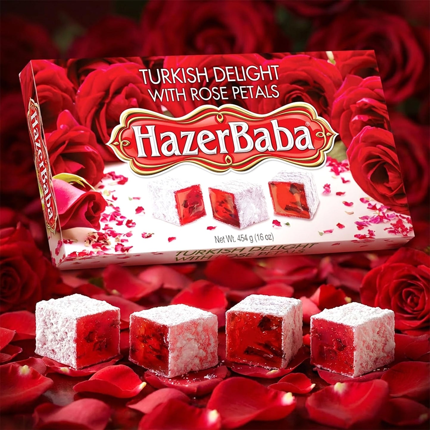 Hazer Baba Turkish Delight Candy with Rose Petals, 16oz (Pack of 1), Gourmet Snack Box, Traditional, Vegan Snack, Turkish Lokum, Unique Sweets
