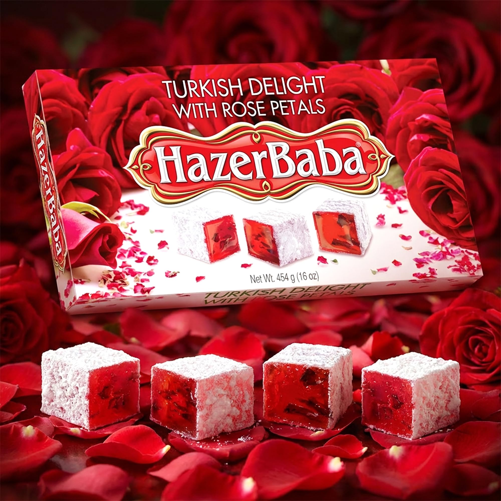 Hazer Baba Turkish Delight Candy with Rose Petals, 16oz (Pack of 1), Gourmet Snack Box, Traditional, Vegan Snack, Turkish Lokum, Unique Sweets
