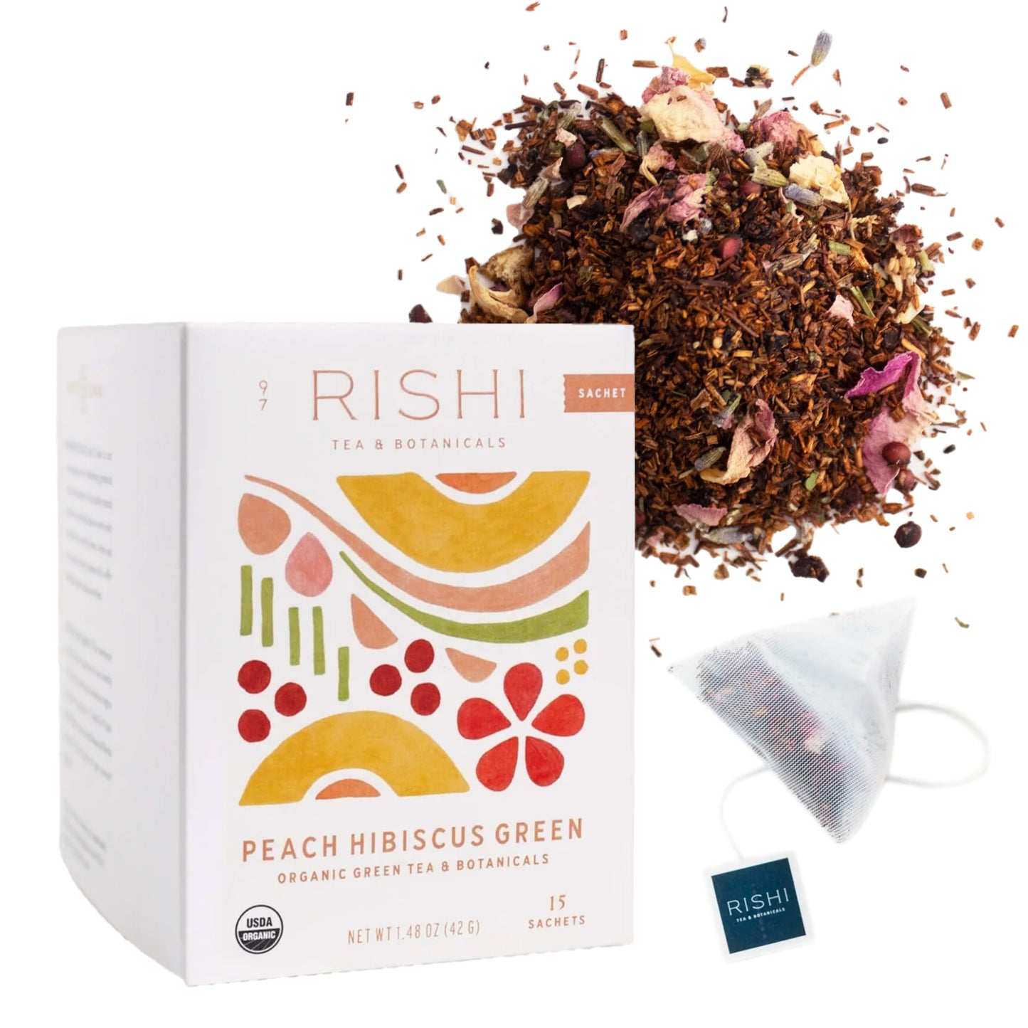 Rishi Organic Peach Hibiscus Green Tea Sachets, 15 CT