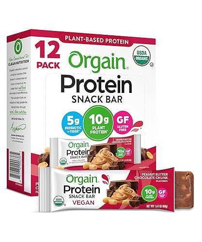Orgain Organic Vegan Protein Bars, Peanut Butter Chocolate Chunk - 10g Plant Based Protein, Low Calorie Healthy Snacks, No Lactose or Soy Ingredients