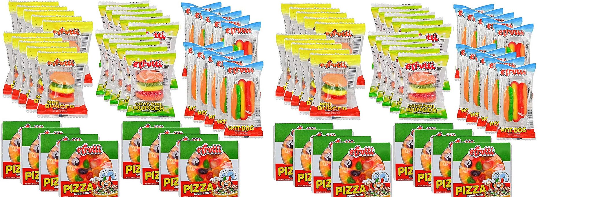 E.Frutti Gummi Candy Variety Party Set: 8 Pizzas, 10 Mini Burgers, 10 Sour Mini Burgers, 10 Hotdogs (38 total)Two Pack