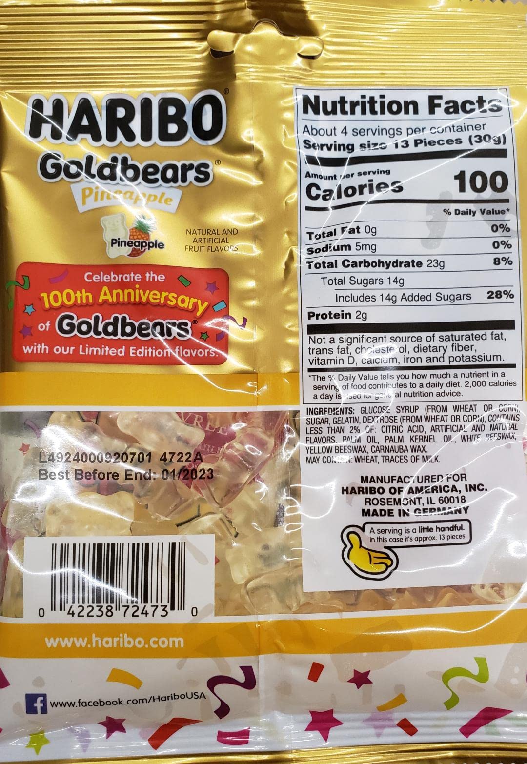 Haribo ALL Pineapple Goldbears 100th Anniversary Edition Net Wt 4oz (113g) Shar Size Gummy Candy Limited Edition Flavor