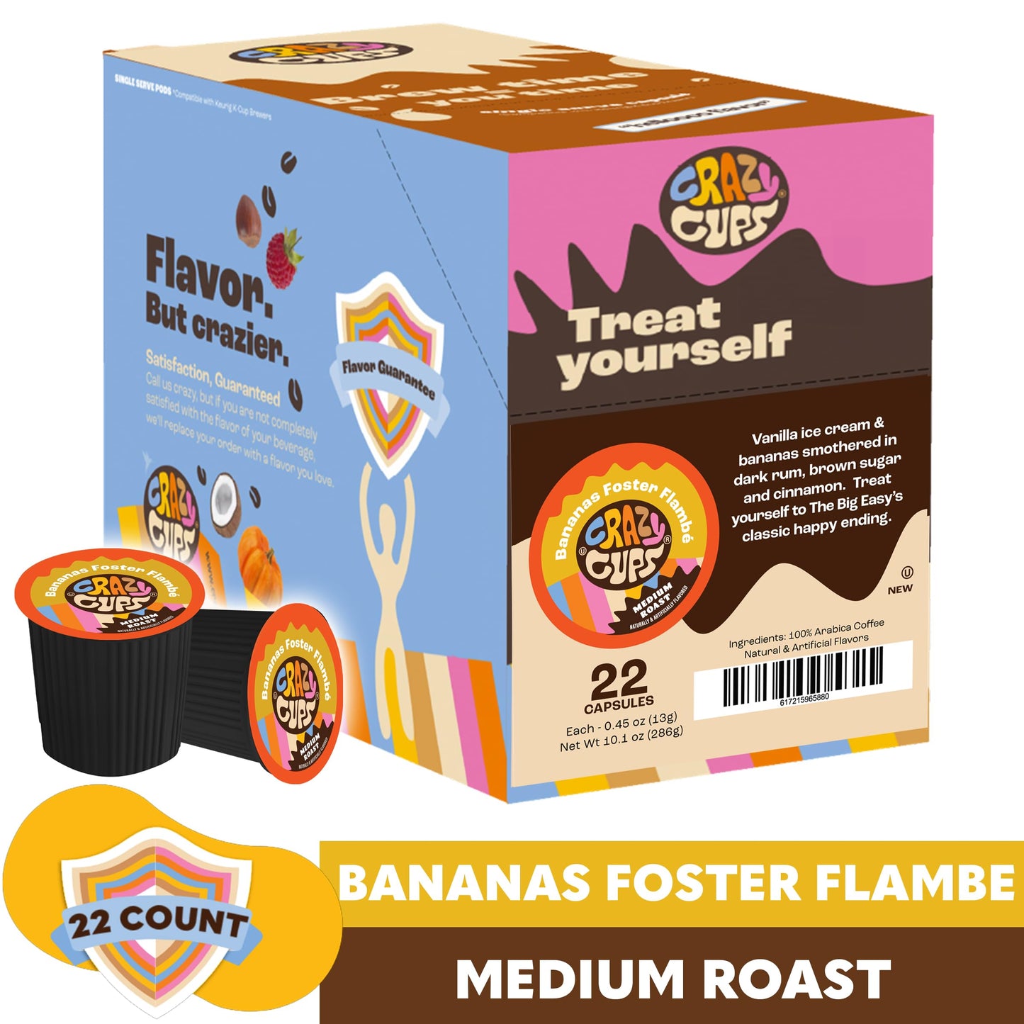 Crazy Cups Flavored Coffee for Keurig K-Cup Machines, Bananas Foster Flambe', Hot or Iced Drinks, 22 Single Serve, Recyclable Pods