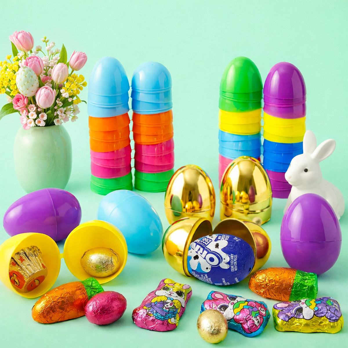 Easter Candy with Fillable Plastic Eggs Bundle - Bulk Pack Of 52 Plastic Eggs With Assorted Chocolate Candy for Filling - Holiday Party Treats