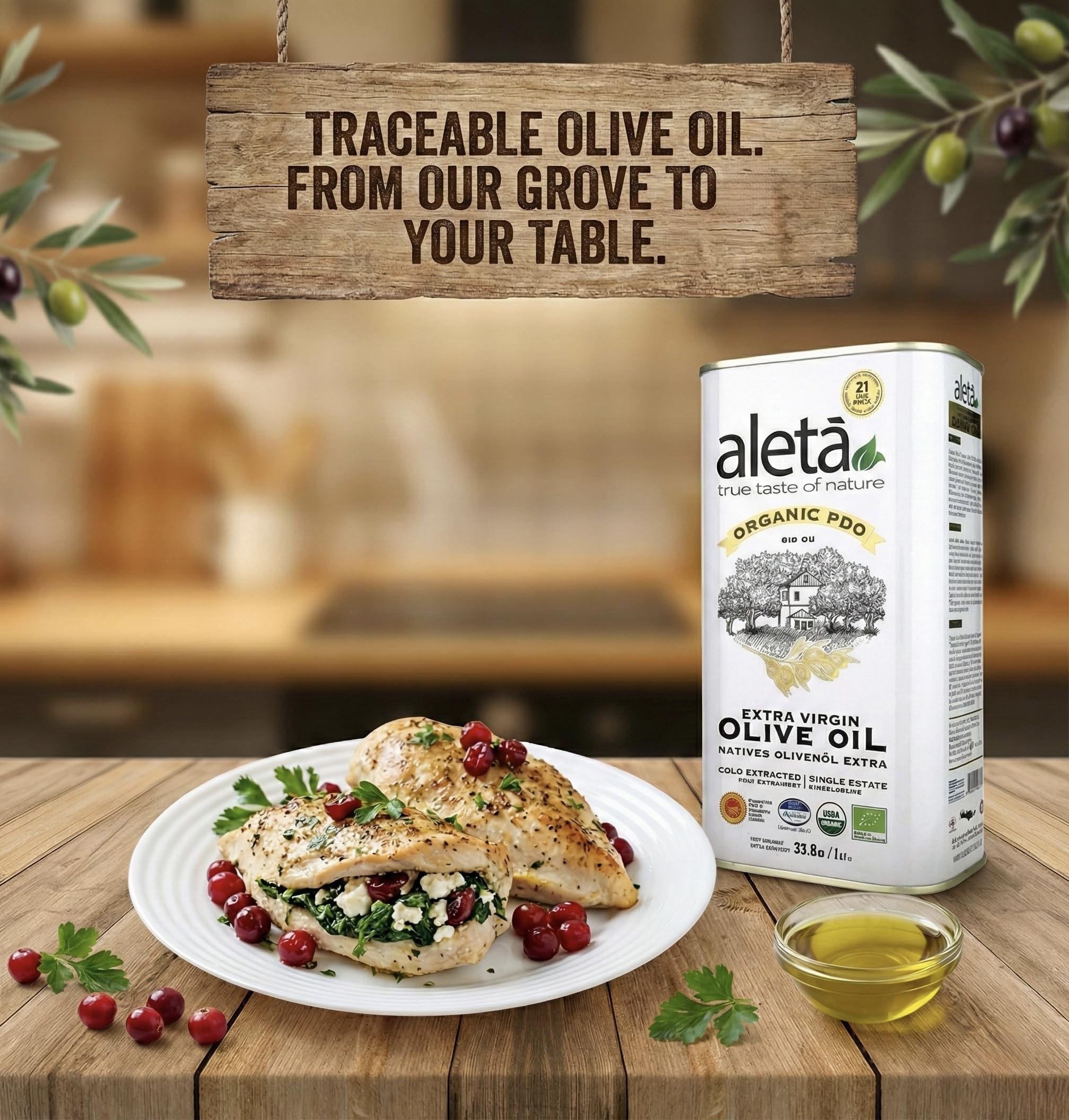 Aleta, USDA Organic Greek Extra Virgin Olive Oil, EU Certified Single Estate PDO Greece, 1 Lt (33.8 oz.) Tin, Kosher EK, Pack of 1