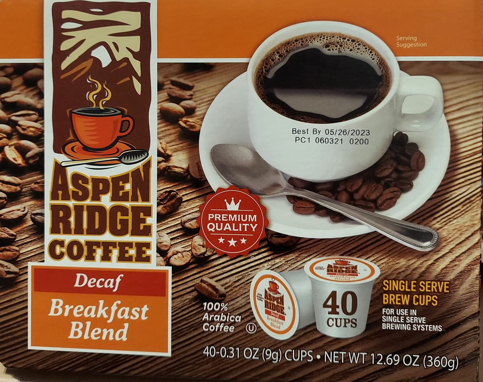 Aspen Ridge Coffee K Cups - Decaf Breakfast Blend Single Serve, 100% Arabica Coffe - 40 Count