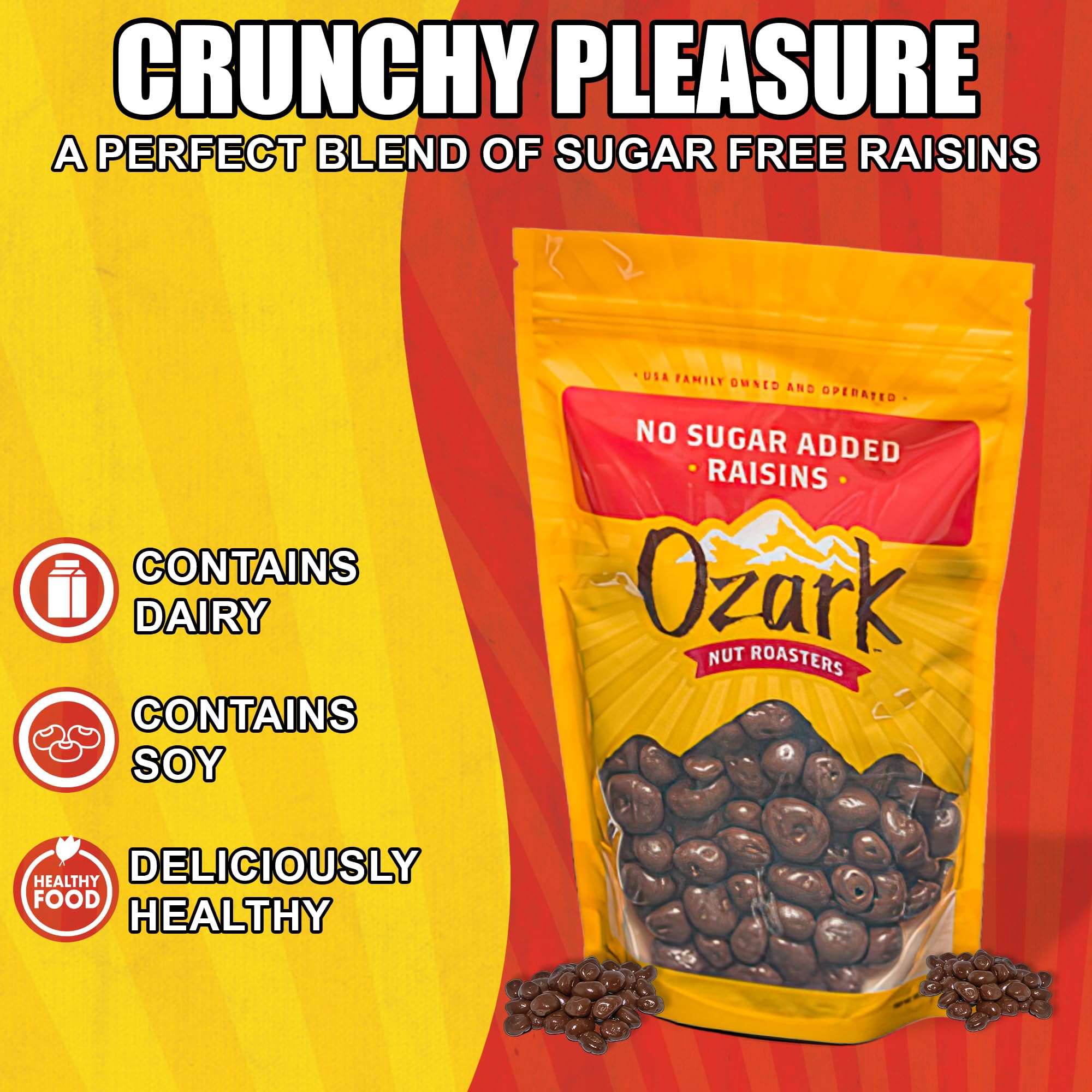 OZARK NUT ROASTERS, No Sugar Added Chocolate Raisins, Gourmet Creamy Milk Chocolate Covered Raisin Snacks, 14 oz, Pack of 1