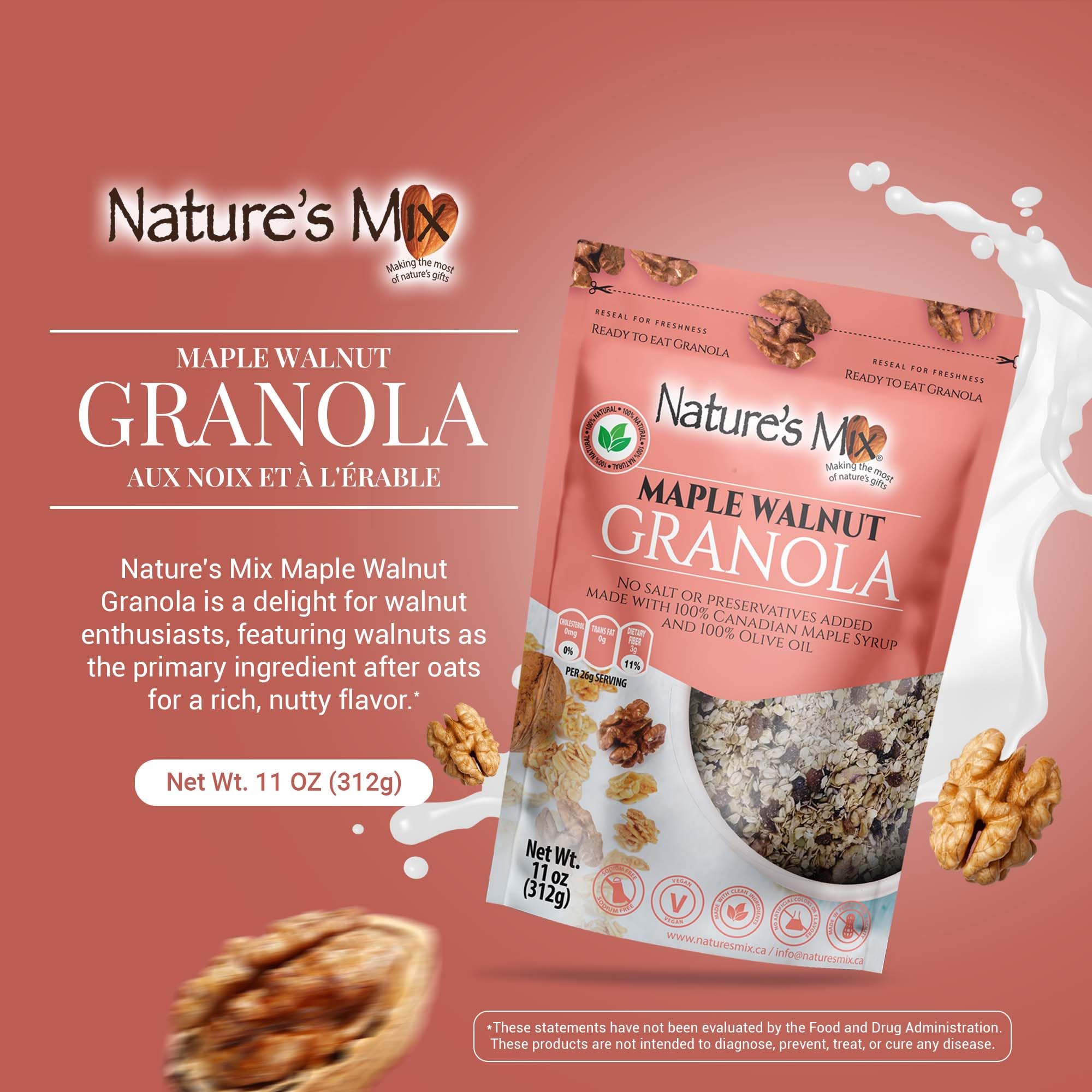 Nature's Mix - Maple Walnut Granola - Walnuts, Raisins and Currants - Sweetened with Maple Syrup - No Sugar, Salt, or Preservatives - Small Size