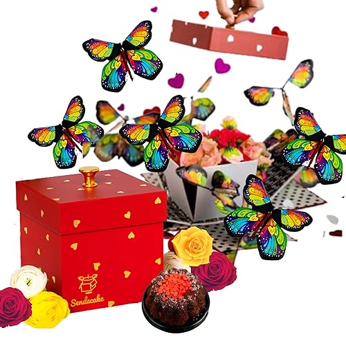 Love Butterfly Explosion Gift Box by Send A Cake - Flying Butterfly Surprise with Flower Shower & Red Velvet Mini Bundt Cake - Ready to Gift Fun