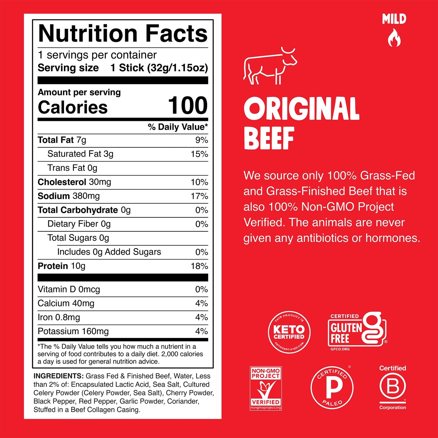 Chomps Grass-Fed and Finished Original Beef Jerky Snack Sticks 24-Pack, Keto, Paleo, Whole30, 10g Protein, Gluten-Free