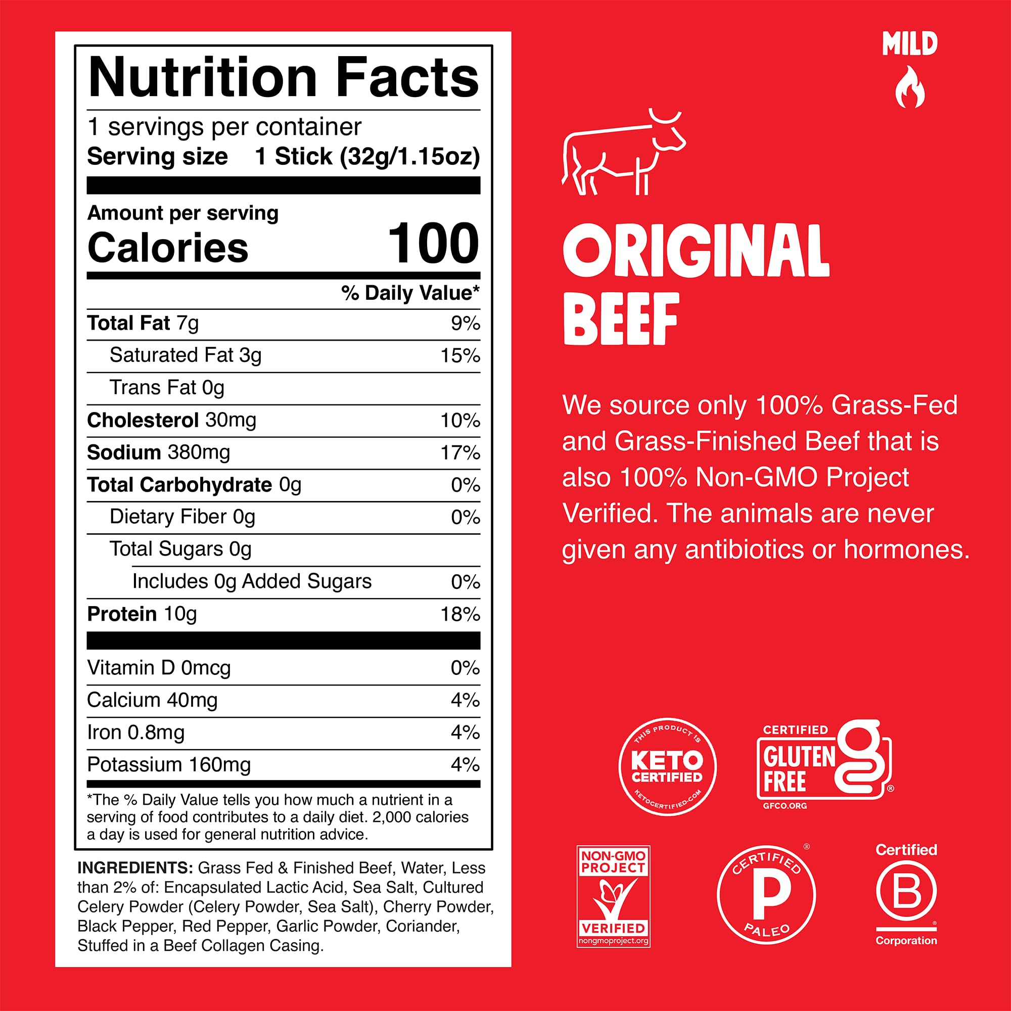 Chomps Grass-Fed and Finished Original Beef Jerky Snack Sticks 24-Pack, Keto, Paleo, Whole30, 10g Protein, Gluten-Free